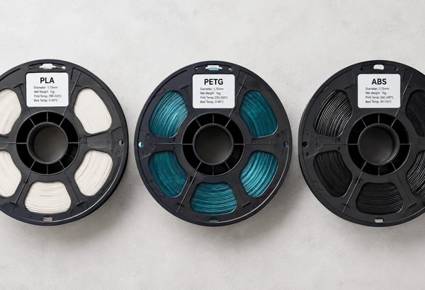 PLA, PETG and ABS filament spools compared side by side