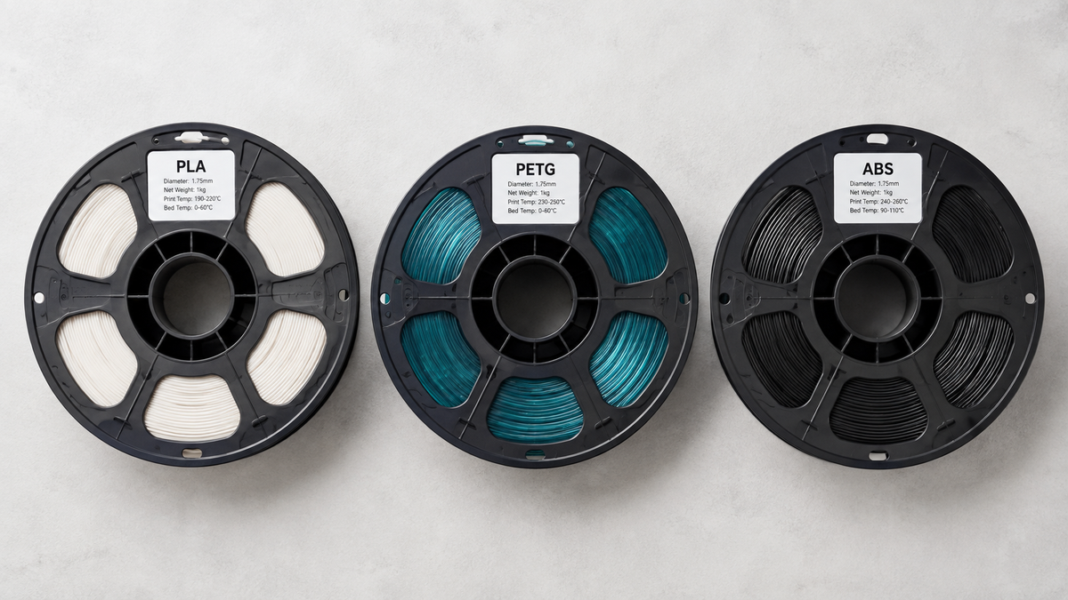 PLA, PETG and ABS filament spools compared side by side